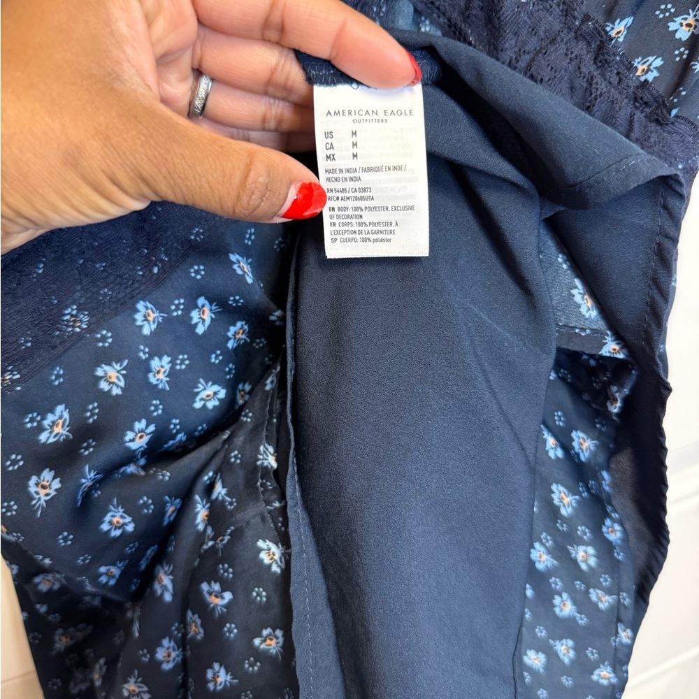 American Eagle Dress Womens Medium Navy Blue Floral Lace Trim Satin Cut Out M - Picture 7 of 9